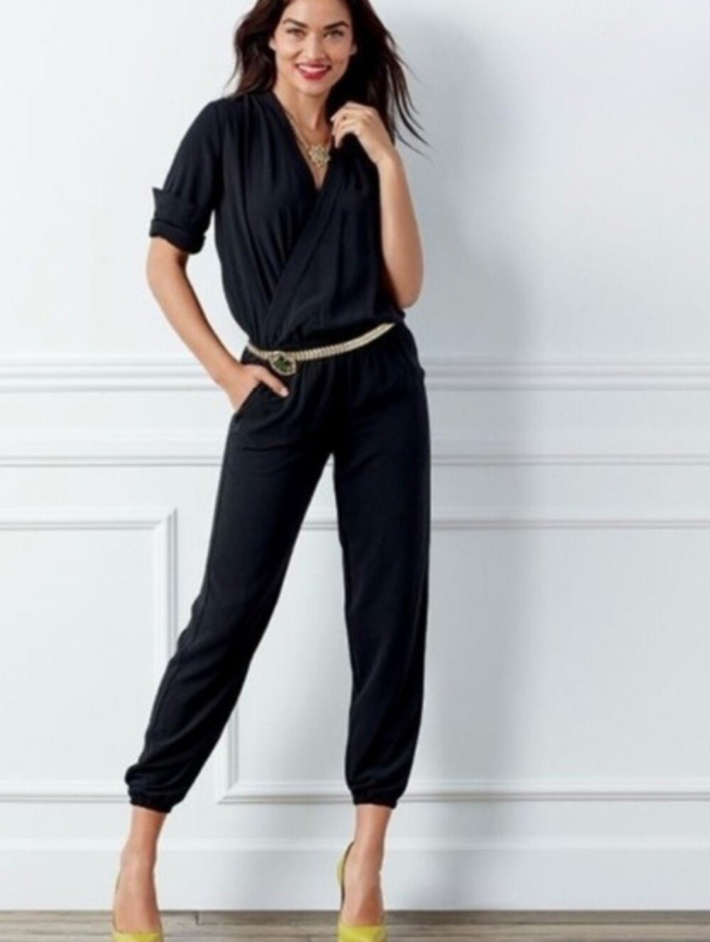 Cabi Jumpsuit Black Faux Wrap Crossover Front 3133